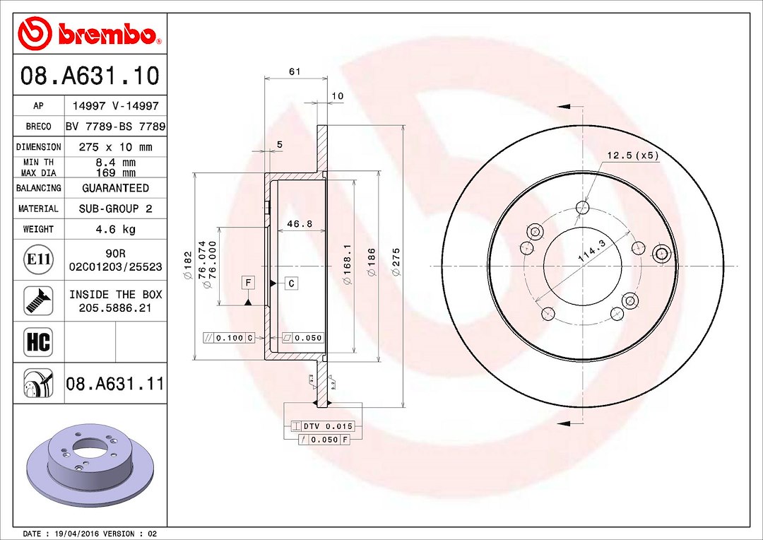 Brembo Brake Rotor, Solid, One Piece Design, Wheel Bolt Pattern 5 X 114.3 Millimeter – 08A63111C02