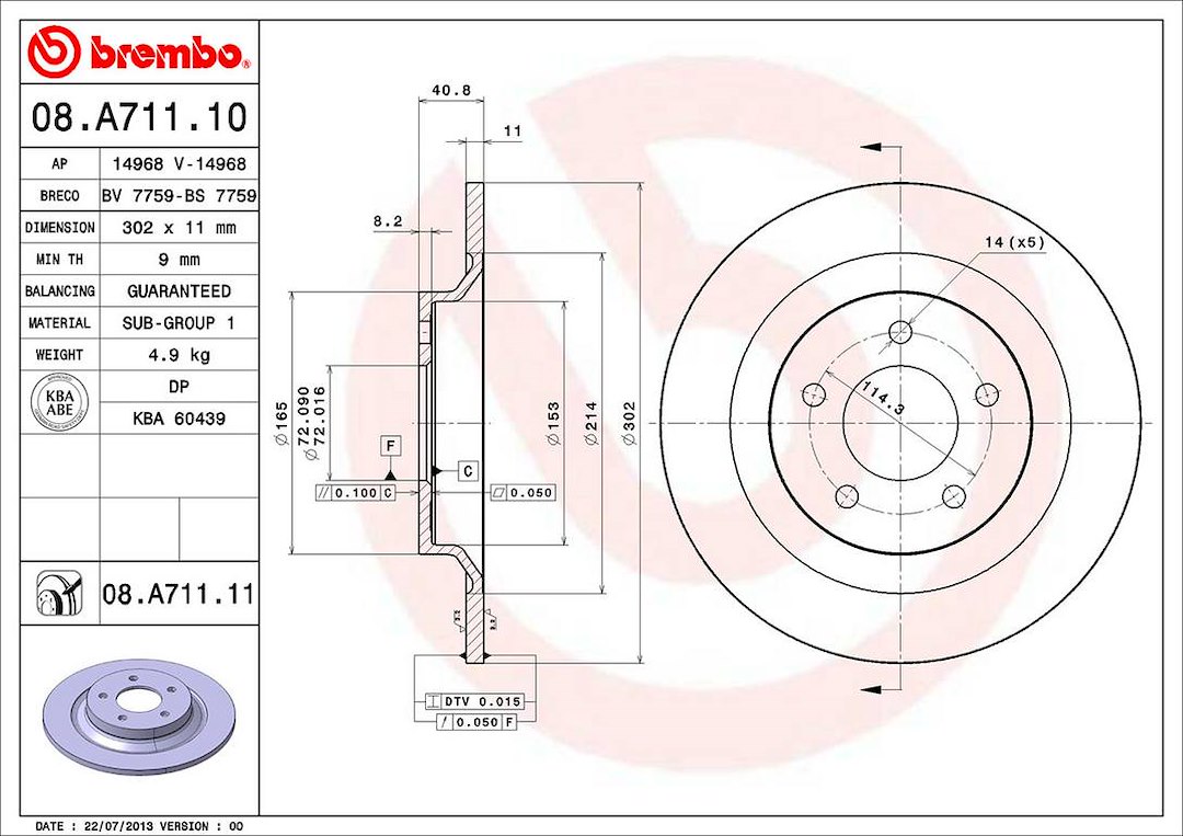 Brembo Brake Rotor, Solid, One Piece Design, Wheel Bolt Pattern 5 X 114.3 Millimeter – 08A71111C02