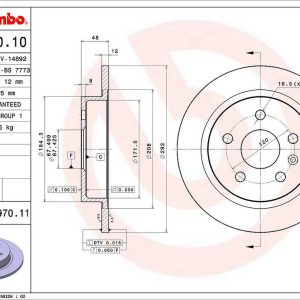 Brembo Brake Rotor, Solid, One Piece Design, Wheel Bolt Pattern 5 X 120 Millimeter – 08A97011C02