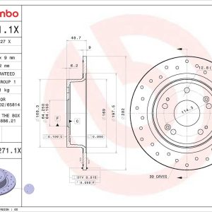 Brembo Brake Rotor, Xtra, Solid Cross Drilled, One Piece Design, Wheel Bolt Pattern 5 X 114.3 Millimeter – 08B2711XC02