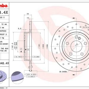 Brembo Brake Rotor, Xtra, Solid Cross Drilled, One Piece Design, Wheel Bolt Pattern 5 X 112 Millimeter – 08B3484XC02