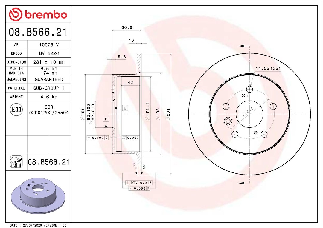 Brembo Brake Rotor, Prime, Solid, One Piece Design, Wheel Bolt Pattern 5 X 114.3 Millimeter – 08B56621C02