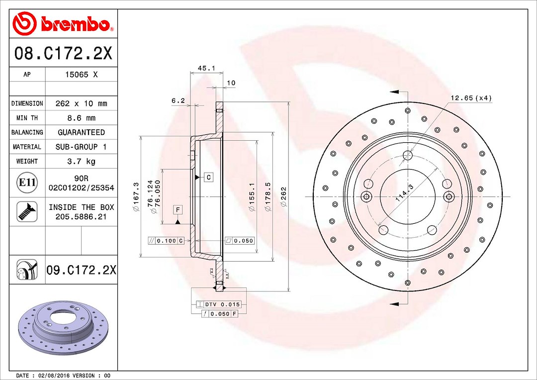 Brembo Brake Rotor, Xtra, Solid Cross Drilled, One Piece Design, Wheel Bolt Pattern 5 X 114.3 Millimeter – 08C1722XC02