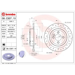 Brembo Brake Rotor, Xtra, Solid Cross Drilled, One Piece Design, Wheel Bolt Pattern 4 X 100 Millimeter – 08.C307.1X
