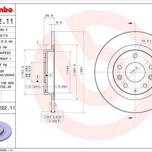 Brembo Brake Rotor, Solid, One Piece Design, Wheel Bolt Pattern 5 X 114.3 Millimeter – 08D22211C02