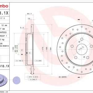 Brembo Brake Rotor, Xtra, Solid Cross Drilled, One Piece Design, Wheel Bolt Pattern 5 X 114.3 Millimeter – 08D4181XC02