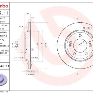 Brembo Brake Rotor, Prime, Solid, One Piece Design, Wheel Bolt Pattern 5 X 114.3 Millimeter – 08D44511C02
