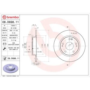 Brembo Brake Rotor, Prime, Solid, One Piece Design, Wheel Bolt Pattern 5 X 114.3 Millimeter – 08.D698.11