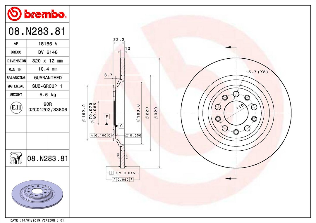 Brembo Brake Rotor, Solid, One Piece Design, Wheel Bolt Pattern 5 X 110 Millimeter – 08N28381C02