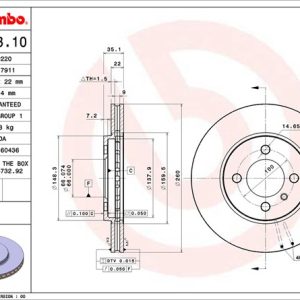 Brembo Brake Rotor, Vented, One Piece Design, Wheel Bolt Pattern 4 X 100 Millimeter – 09488310C02