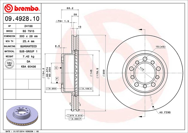 Brembo Brake Rotor, Vented, One Piece Design, Wheel Bolt Pattern 5 X 112 Millimeter – 09492810C02