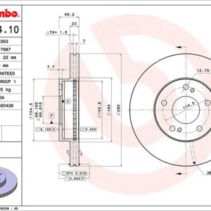 Brembo Brake Rotor, Vented, One Piece Design, Wheel Bolt Pattern 5 X 114.3 Millimeter – 09525410C02