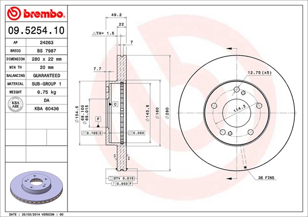 Brembo Brake Rotor, Vented, One Piece Design, Wheel Bolt Pattern 5 X 114.3 Millimeter – 09525410C02