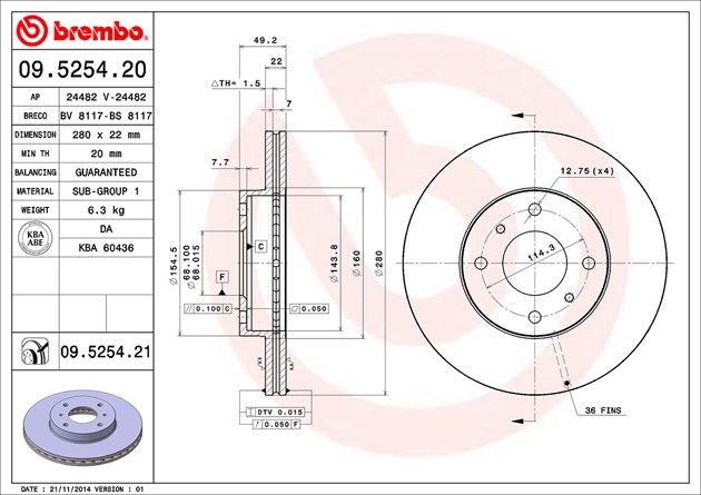 Brembo Brake Rotor, Vented, One Piece Design, Wheel Bolt Pattern 4 X 114.3 Millimeter – 09525421C02