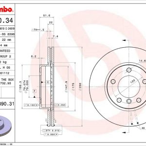 Brembo Brake Rotor, Vented, One Piece Design, Wheel Bolt Pattern 5 X 120 Millimeter – 09539031C02