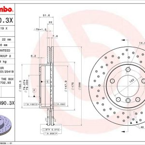 Brembo Brake Rotor, Xtra, Vented Cross Drilled, One Piece Design, Wheel Bolt Pattern 5 X 120 Millimeter – 0953903XC02