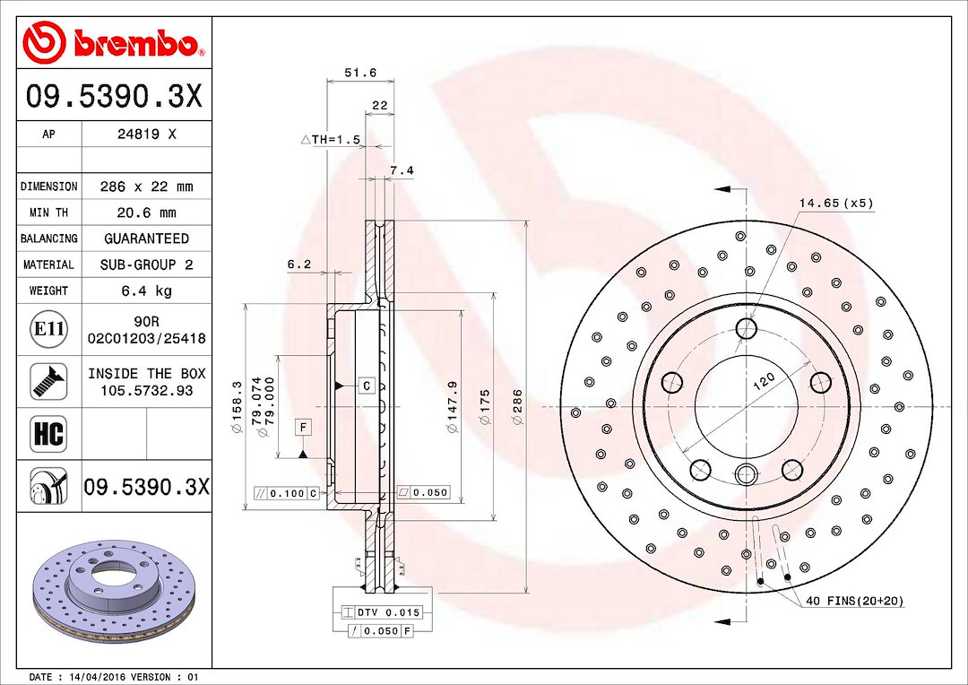 Brembo Brake Rotor, Xtra, Vented Cross Drilled, One Piece Design, Wheel Bolt Pattern 5 X 120 Millimeter – 0953903XC02