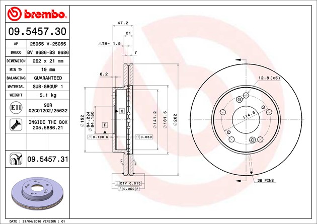 Brembo Brake Rotor, Vented, One Piece Design, Wheel Bolt Pattern 5 X 114.3 Millimeter – 09545731C02