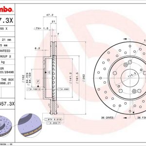 Brembo Brake Rotor, Xtra, Vented Cross Drilled, One Piece Design, Wheel Bolt Pattern 5 X 114.3 Millimeter – 0954573XC02