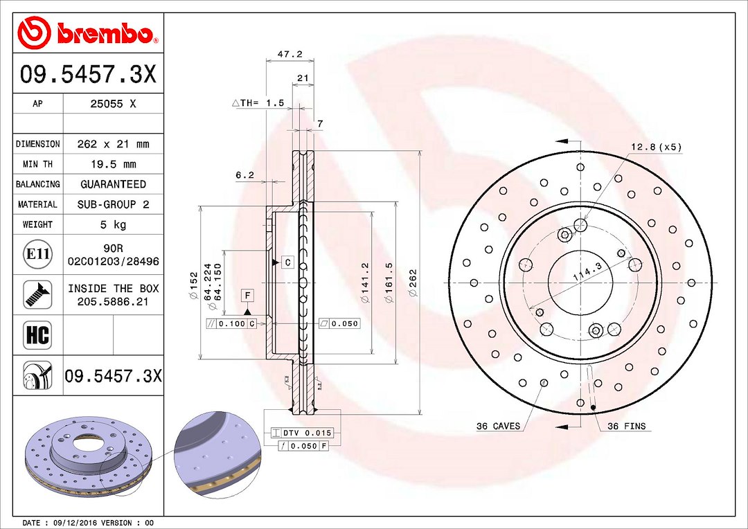 Brembo Brake Rotor, Xtra, Vented Cross Drilled, One Piece Design, Wheel Bolt Pattern 5 X 114.3 Millimeter – 0954573XC02