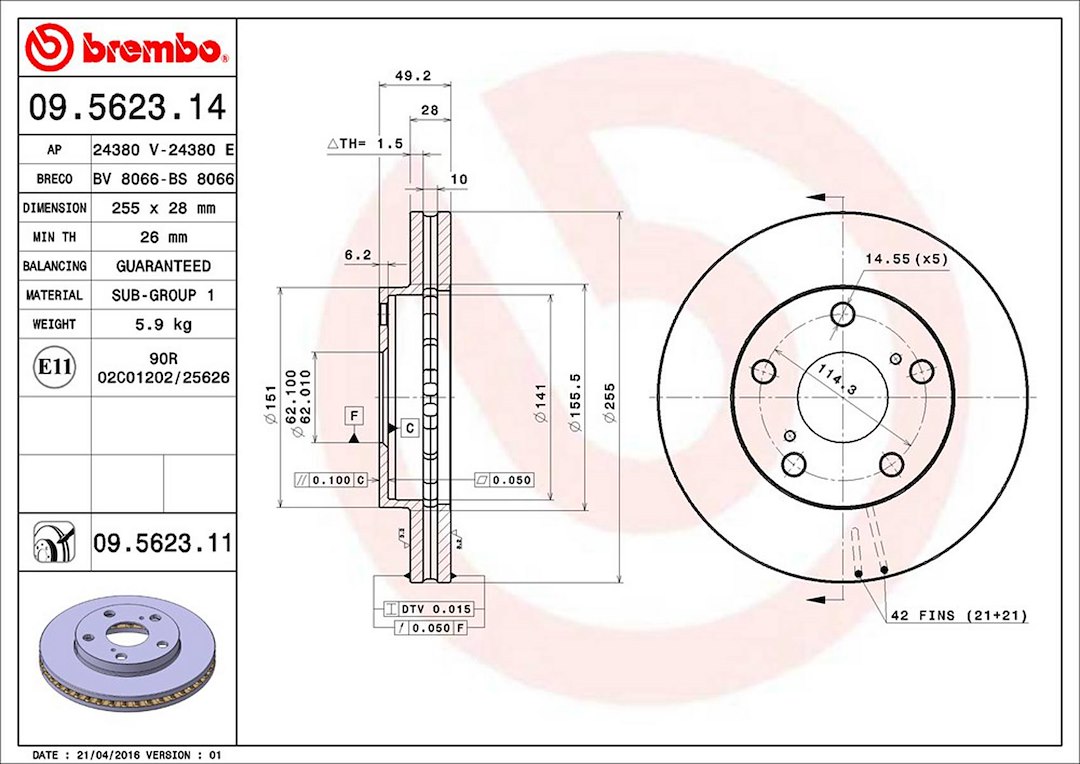 Brembo Brake Rotor, Vented, One Piece Design, Wheel Bolt Pattern 5 X 114.3 Millimeter – 09562311C02