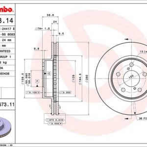 Brembo Brake Rotor, Vented, One Piece Design, Wheel Bolt Pattern 5 X 100 Millimeter – 09567311C02