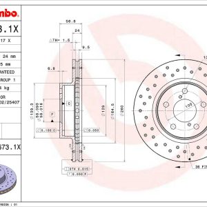 Brembo Brake Rotor, Xtra, Vented Cross Drilled, One Piece Design, Wheel Bolt Pattern 5 X 100 Millimeter – 0956731XC02