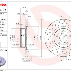 Brembo Brake Rotor, Xtra, Vented Cross Drilled, One Piece Design, Wheel Bolt Pattern 5 X 100 Millimeter – 0956742XC02