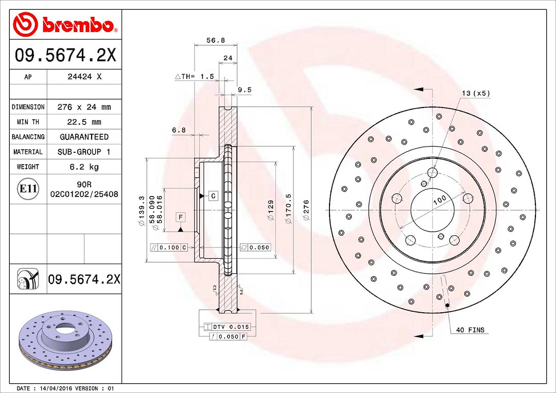 Brembo Brake Rotor, Xtra, Vented Cross Drilled, One Piece Design, Wheel Bolt Pattern 5 X 100 Millimeter – 0956742XC02