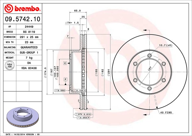 Brembo Brake Rotor, Vented, One Piece Design, Wheel Bolt Pattern 6 X 127 Millimeter – 09574210C02