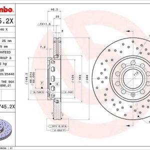 Brembo Brake Rotor, Xtra, Vented Cross Drilled, One Piece Design, Wheel Bolt Pattern 5 X 112 Millimeter – 0957452XC02