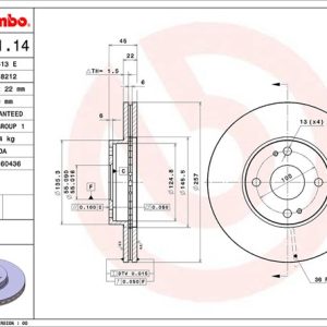 Brembo Brake Rotor, Vented, One Piece Design, Wheel Bolt Pattern 4 X 100 Millimeter – 09677114C02