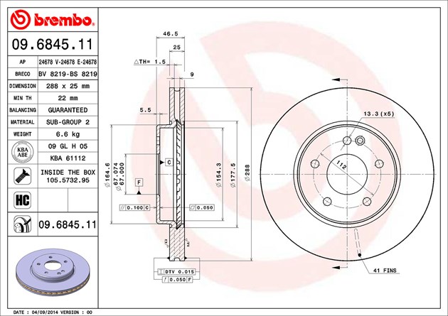 Brembo Brake Rotor, Vented, One Piece Design, Wheel Bolt Pattern 5 X 112 Millimeter – 09684511C02