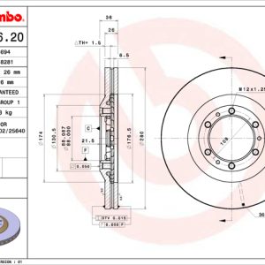 Brembo Brake Rotor, Vented, One Piece Design, Wheel Bolt Pattern 6 X 109 Millimeter – 09686620C02