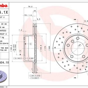 Brembo Brake Rotor, Xtra, Vented Cross Drilled, One Piece Design, Wheel Bolt Pattern 5 X 120 Millimeter – 0969241XC02