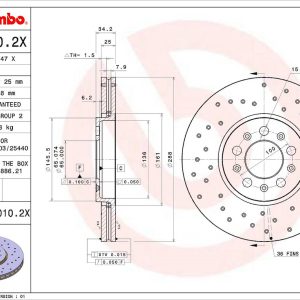 Brembo Brake Rotor, Xtra, Vented Cross Drilled, One Piece Design, Wheel Bolt Pattern 5 X 100 Millimeter – 0970102XC02