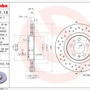 Brembo Brake Rotor, Xtra, Vented Cross Drilled, One Piece Design, Wheel Bolt Pattern 5 X 100 Millimeter – 0970121XC02