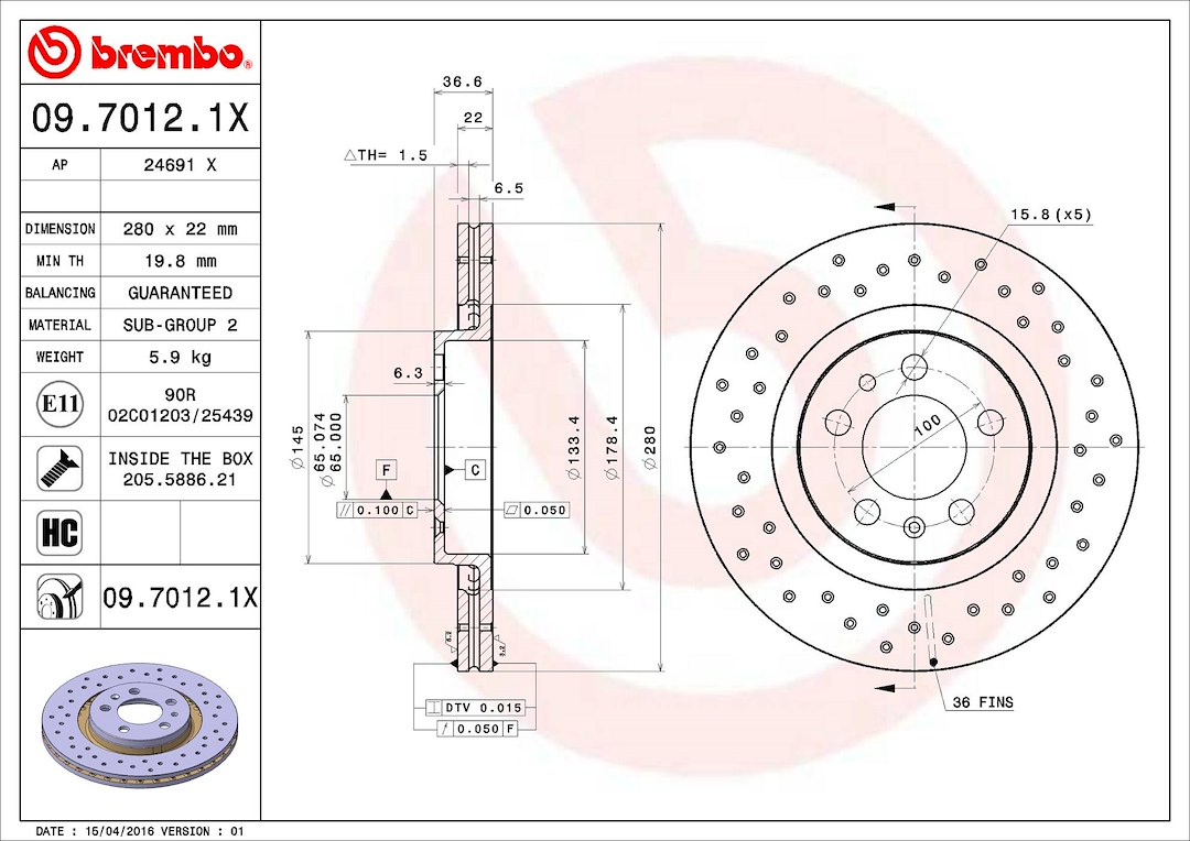 Brembo Brake Rotor, Xtra, Vented Cross Drilled, One Piece Design, Wheel Bolt Pattern 5 X 100 Millimeter – 0970121XC02