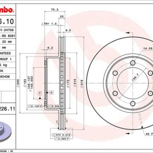 Brembo Brake Rotor, Vented, One Piece Design, Wheel Bolt Pattern 6 X 139.7 Millimeter – 09722611C02