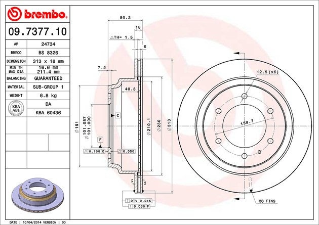 Brembo Brake Rotor, Vented, One Piece Design, Wheel Bolt Pattern 6 X 139.7 Millimeter – 09737710C02