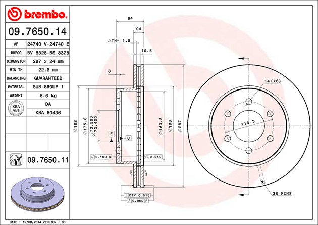 Brembo Brake Rotor, Vented, One Piece Design, Wheel Bolt Pattern 6 X 114.3 Millimeter – 09765011C02