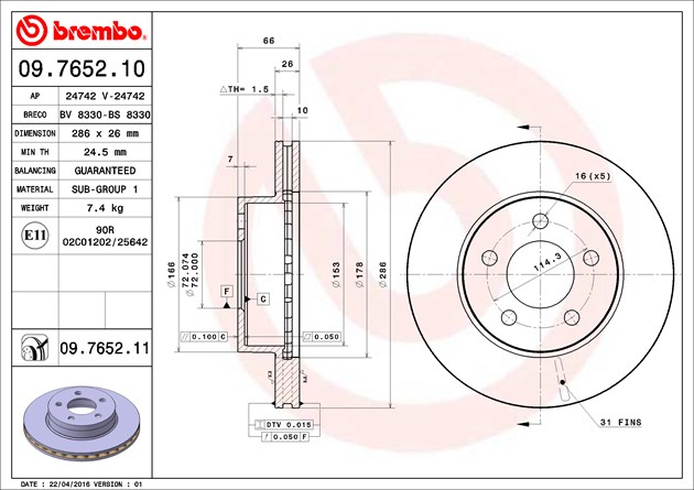 Brembo Brake Rotor, Vented, One Piece Design, Wheel Bolt Pattern 5 X 114.3 Millimeter – 09765211C02