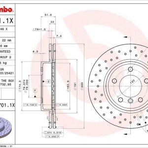 Brembo Brake Rotor, Xtra, Vented Cross Drilled, One Piece Design, Wheel Bolt Pattern 5 X 120 Millimeter – 0977011XC02