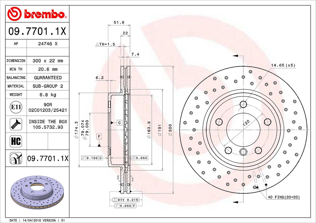 Brembo Brake Rotor, Xtra, Vented Cross Drilled, One Piece Design, Wheel Bolt Pattern 5 X 120 Millimeter – 0977011XC02