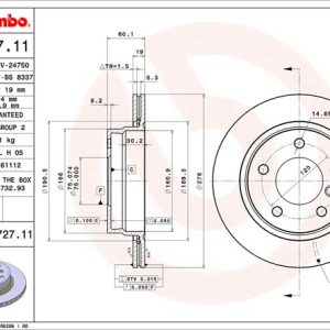 Brembo Brake Rotor, Vented, One Piece Design, Wheel Bolt Pattern 5 X 120 Millimeter – 09772711C02