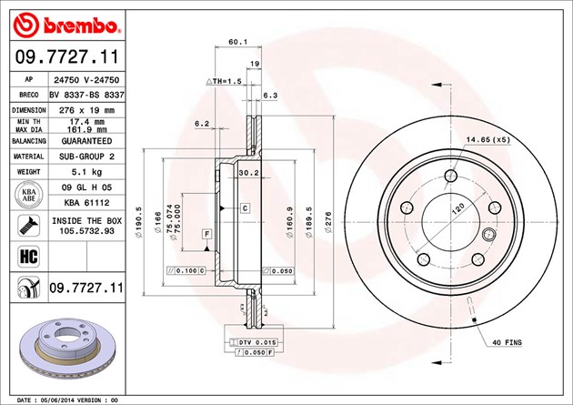 Brembo Brake Rotor, Vented, One Piece Design, Wheel Bolt Pattern 5 X 120 Millimeter – 09772711C02