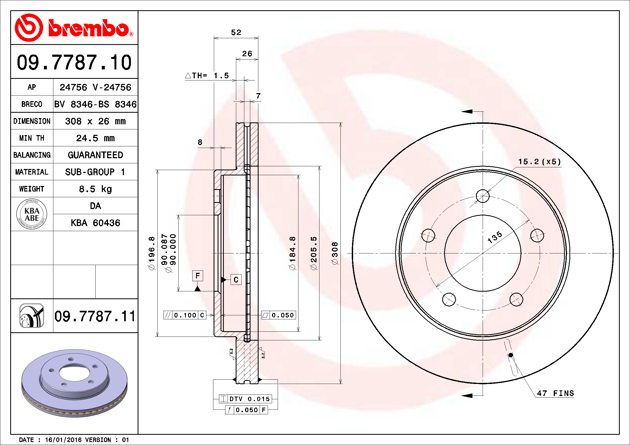Brembo Brake Rotor, Vented, One Piece Design, Wheel Bolt Pattern 5 X 135 Millimeter – 09778711C02