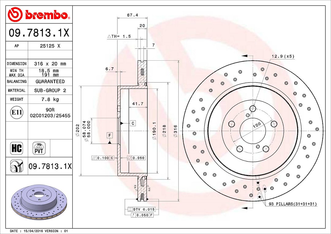Brembo Brake Rotor, Xtra, Vented Cross Drilled, One Piece Design, Wheel Bolt Pattern 5 X 100 Millimeter – 0978131XC02