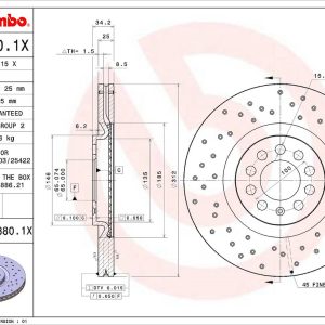 Brembo Brake Rotor, Xtra, Vented Cross Drilled, One Piece Design, Wheel Bolt Pattern 5 X 100 Millimeter – 0978801XC02