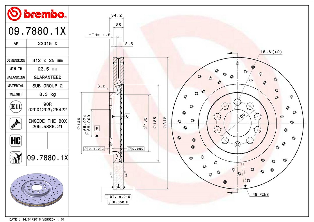 Brembo Brake Rotor, Xtra, Vented Cross Drilled, One Piece Design, Wheel Bolt Pattern 5 X 100 Millimeter – 0978801XC02